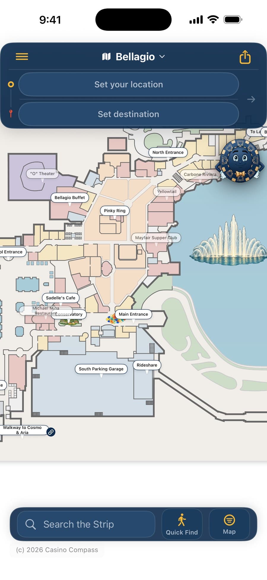 Casino Compass app showing the Bellagio indoor map, with restaurants, the O Theater, entrances, the parking garage, and the lake and fountains labeled
