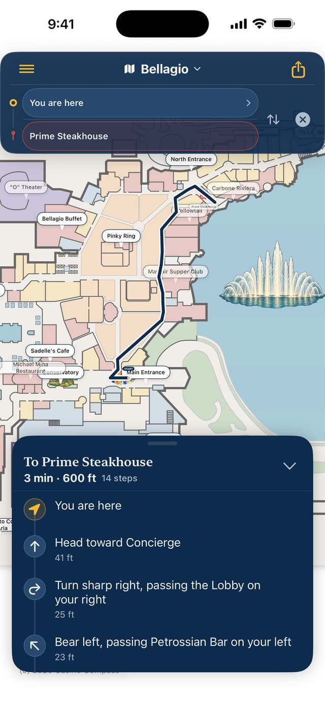 Casino Compass step-by-step directions to Prime Steakhouse at the Bellagio: 3 minutes, 600 feet