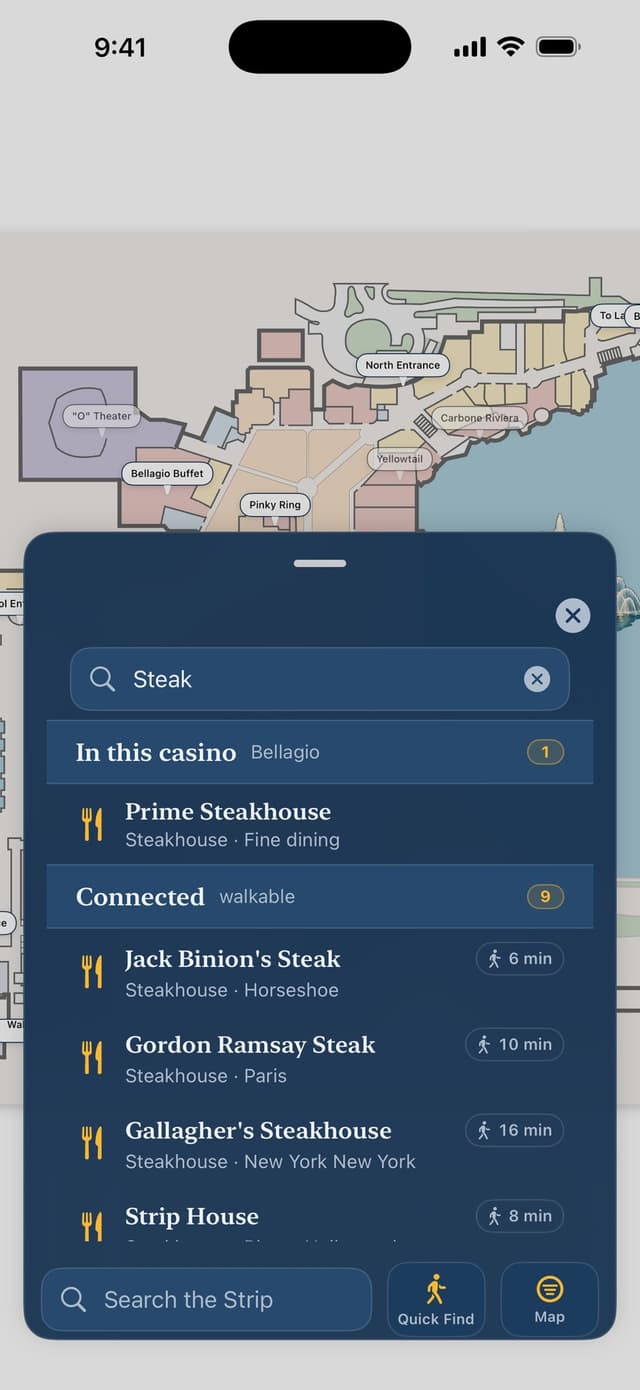 Casino Compass search results for “steak” at the Bellagio, with walk times to steakhouses in nearby casinos