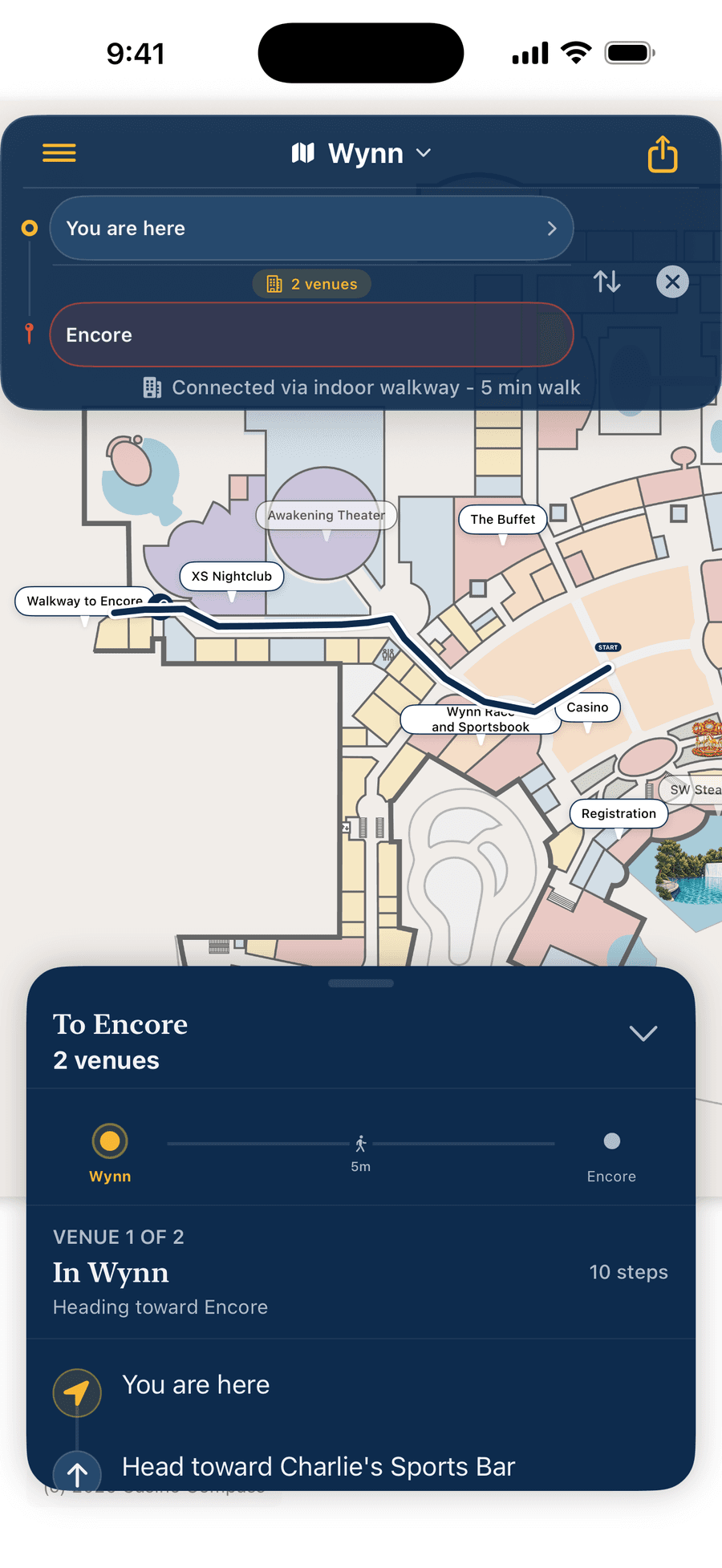 Casino Compass app showing a route from Wynn to Encore with a 'Connected via indoor walkway, 5 min walk' badge