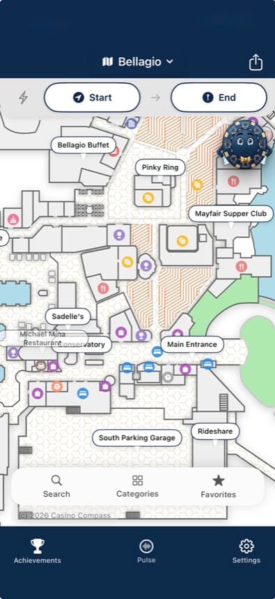 Casino Compass App - Indoor map of the Bellagio showing restaurants, exits, and points of interest