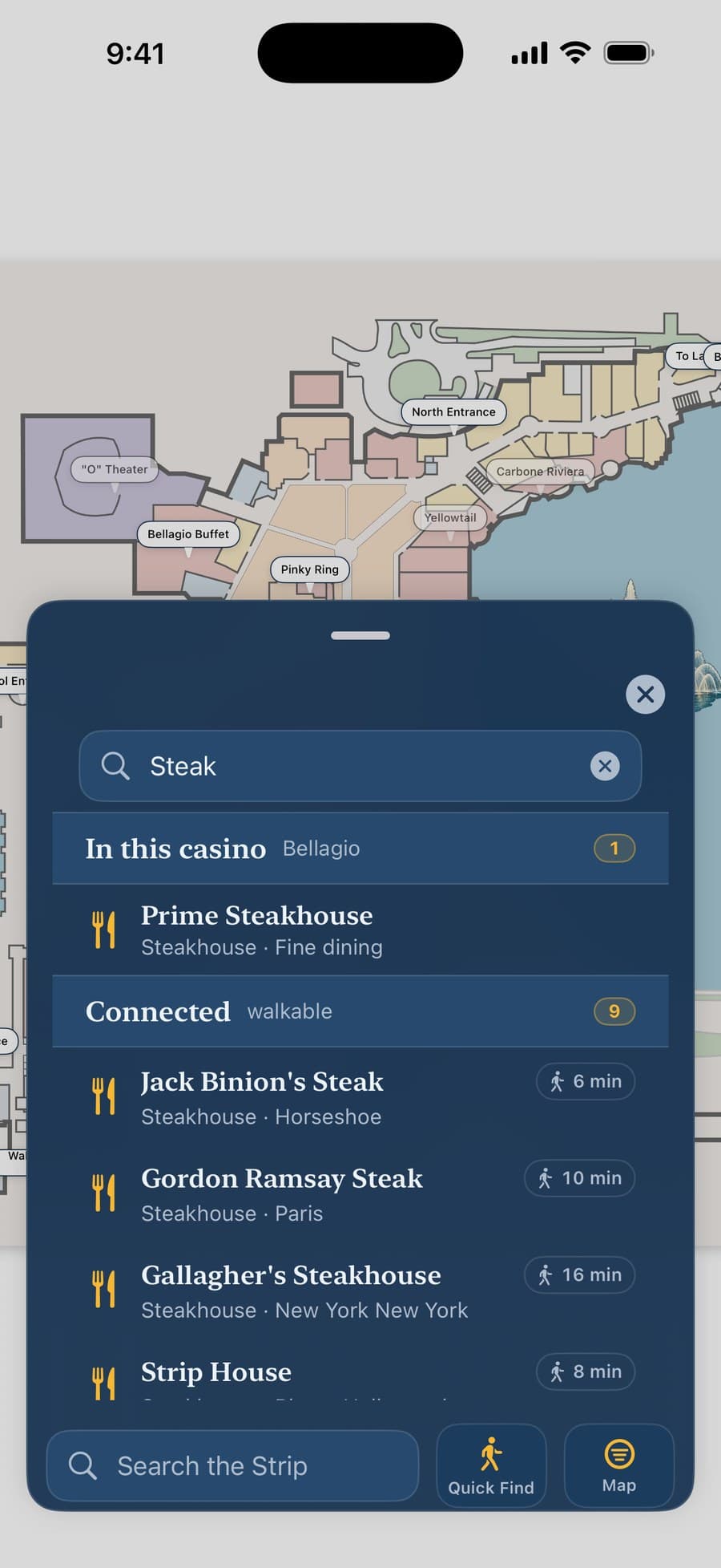 A search for 'steak' at the Bellagio: Prime Steakhouse in this casino first, then steakhouses in connected, walkable casinos with walk times