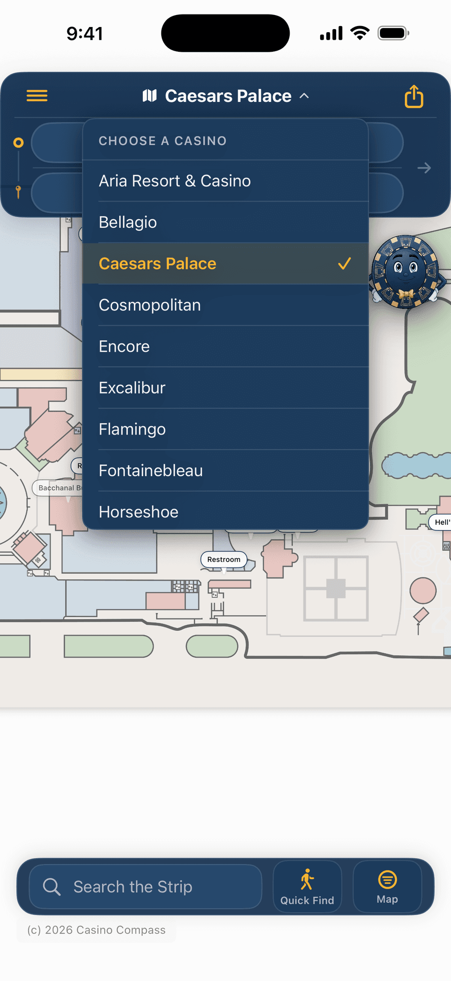 The Casino Compass casino picker, showing 20+ mapped Las Vegas Strip casinos to choose from