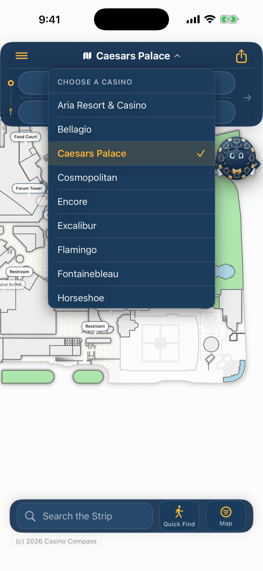 The Casino Compass casino picker, showing 20+ mapped Las Vegas Strip casinos to choose from