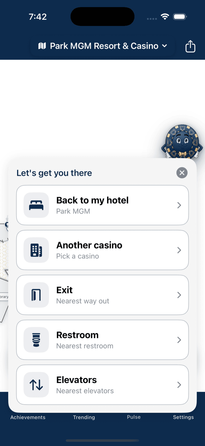 The 'Get Me Out' one-tap panel with options for your hotel, another casino, the nearest exit, restroom, and elevators