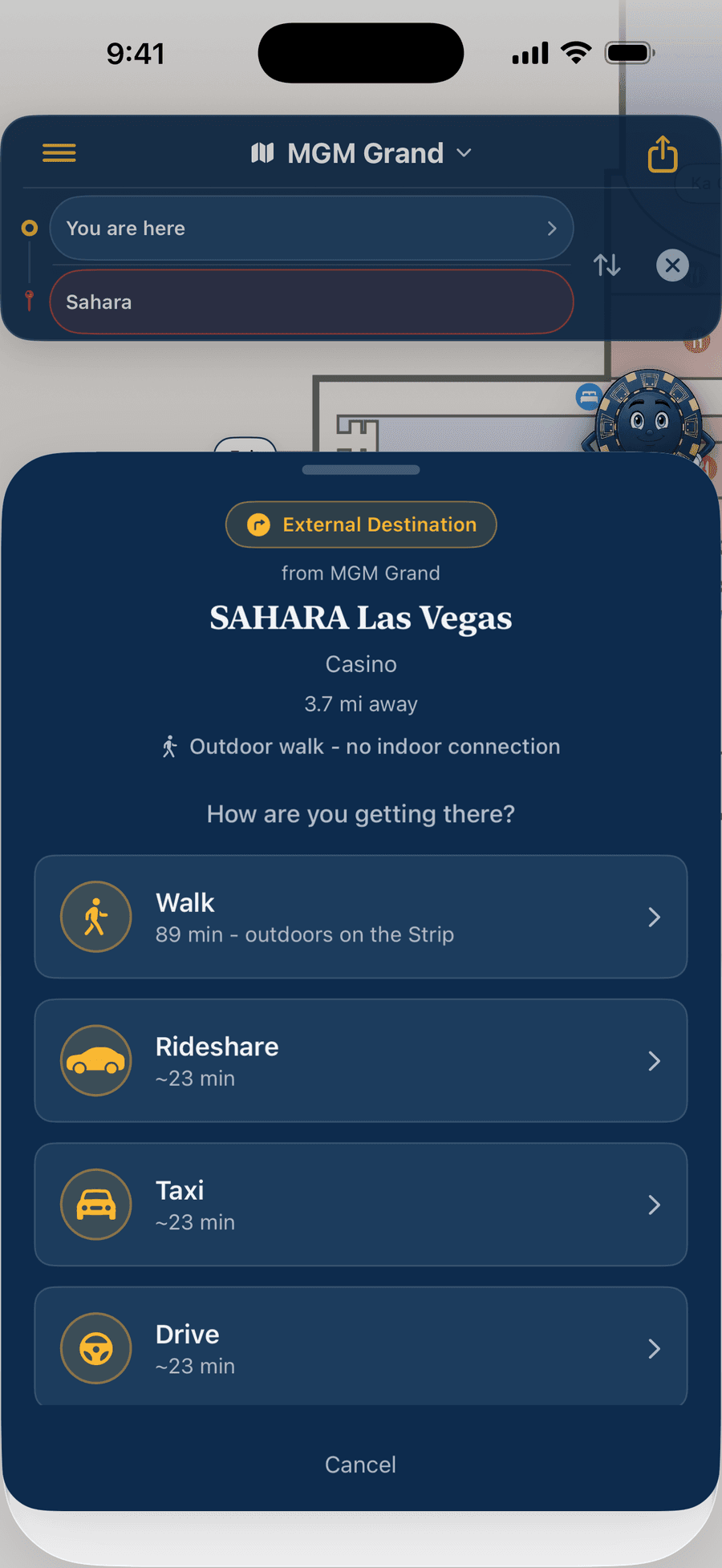 Casino Compass showing a trip from MGM Grand to SAHARA Las Vegas, 3.7 miles away: an outdoor walk with no indoor connection (89 minutes), or about 23 minutes by rideshare, taxi, or car
