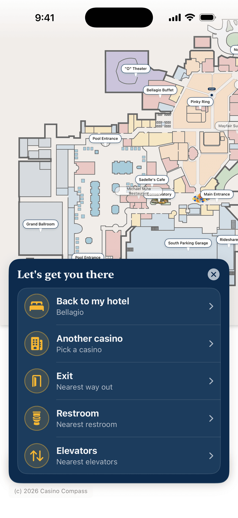 The Quick Find panel, 'Let's get you there', open over the Bellagio map, with one-tap options for your hotel, another casino, the nearest exit, restroom, and elevators