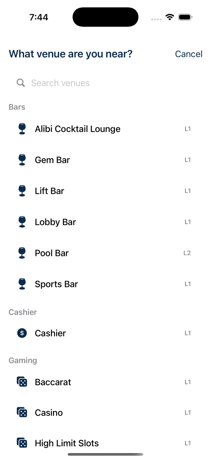 The 'What venue are you near?' picker for setting your indoor location without GPS
