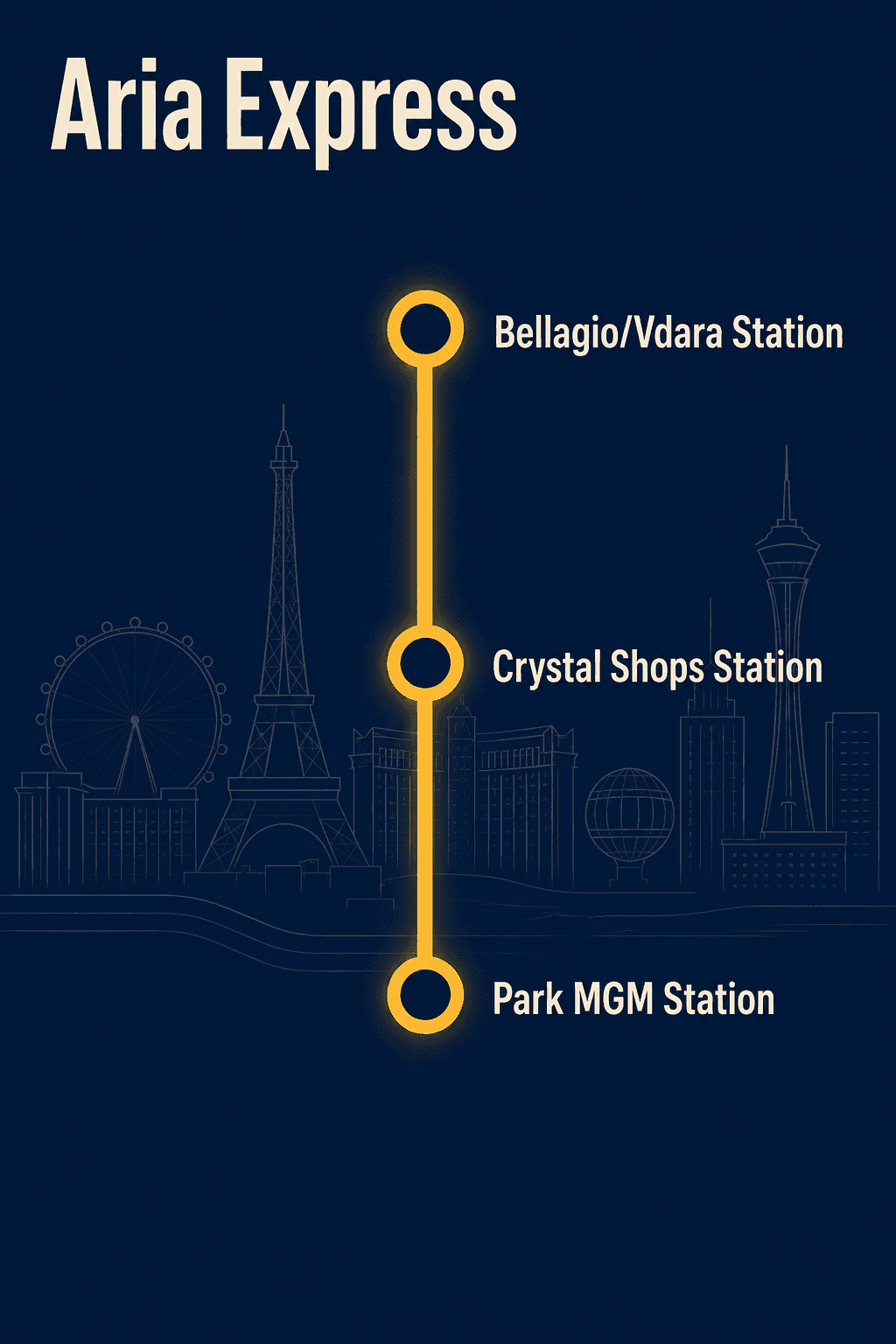 Route map of the free Aria Express tram, three stations north to south: Bellagio/Vdara, Crystal Shops, and Park MGM, on the west side of the Las Vegas Strip.